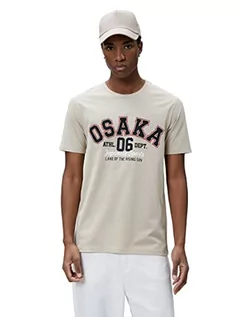 Koszulki męskie - Koton Męski t-shirt z nadrukiem Varsity Crew Neck Short Sleeve Cotton T-Shirt, beżowy (052), XL - grafika 1