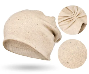 Beżowa czapka damska z kryształkami beanie zimowa fason slouchy PETERSON - Czapki damskie - miniaturka - grafika 1