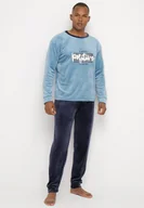 Piżamy męskie - Jasnoniebieska Welurowa Piżama Bluzka z Ozdobnym Napisem i Spodnie z Gumką w Pasie Erisanna - miniaturka - grafika 1