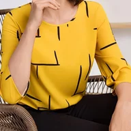 Koszule damskie - TEMU Bluzka Damska z Eleganckim Geometrycznym Nadrukiem i Długimi Rękawami - Czarna z Białym Abstrakcyjnym Wzorem, Okrągły Dekolt, Trzy Czwarte - miniaturka - grafika 1