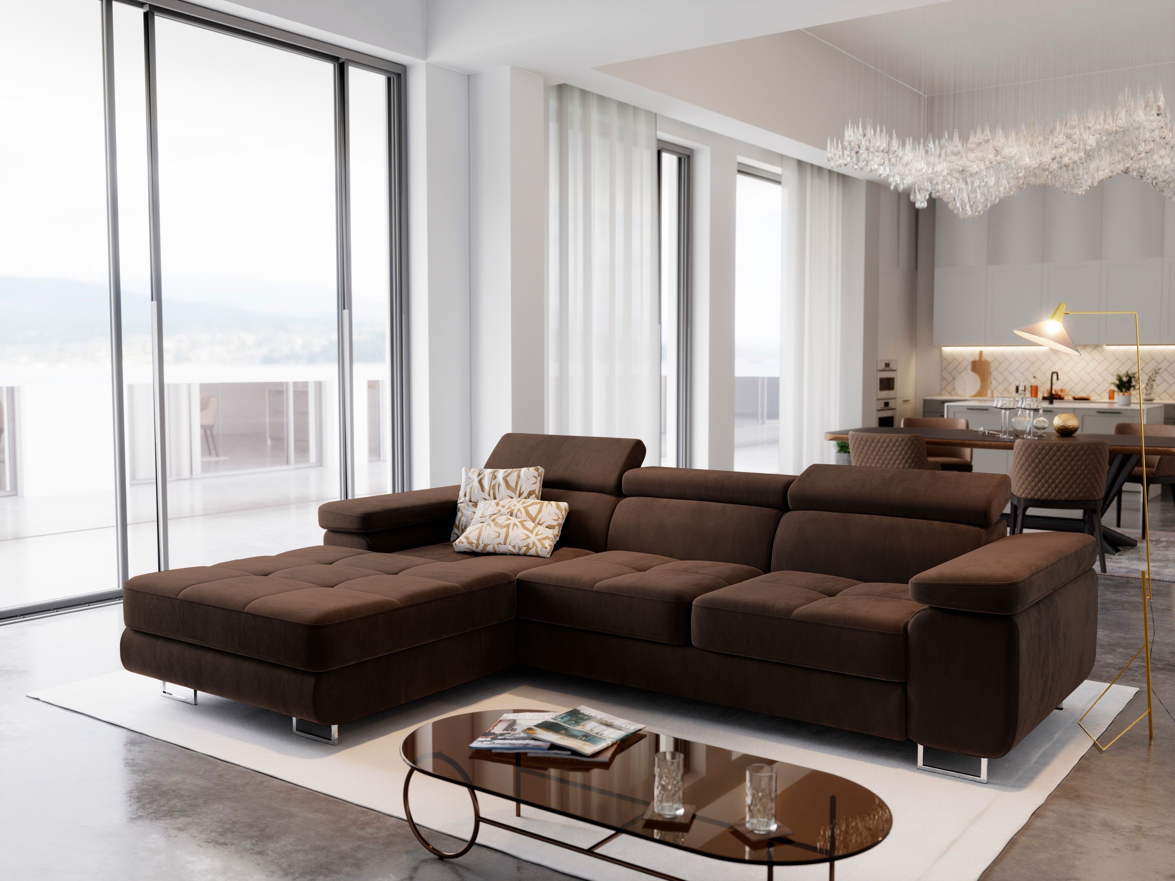 Masseno Narożnik ELMA L-S z funkcją spania i pojemnikiem na pościel Kształt L, Rozkładana sofa, Rogówka - Brązowy, MONOLITH 29