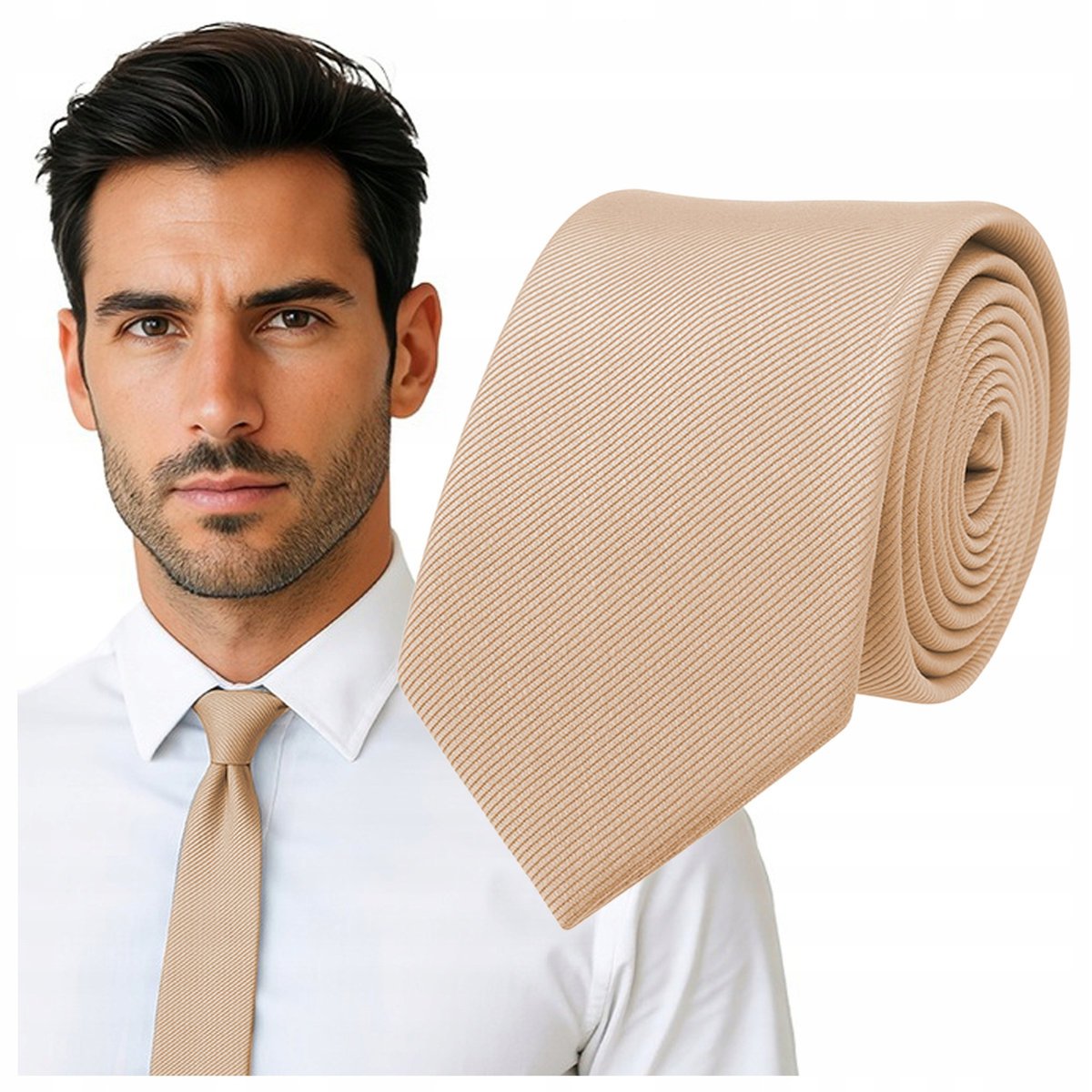 Krawat śledzik prążkowany - szampański