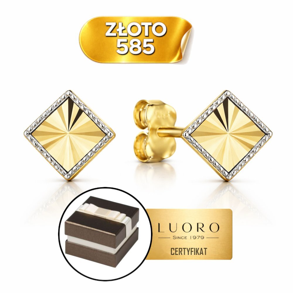 KOLCZYKI ZŁOTE 585 14K DIAMENTOWANY ROMB DWUKOLOROWY SZTYFT 0,7 CM