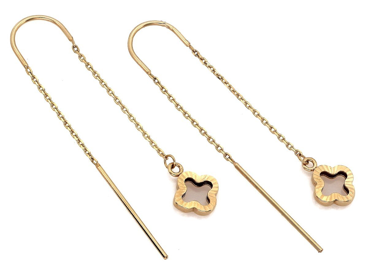 Długie złote 585 kolczyki przeciągane z błyszczącym kwiatkiem 1.45g