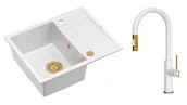 Zlewozmywaki z baterią - Quadron Unique Zlewozmywak granitowy jednokomorowy 62*50*22 cm z ociekaczem MORGAN 116 SNOW WHITE z syfonem Push-2-Open w kolorze miedzianym z baterią JENNIFER Q LINE SLIM z wyciąganą wylewką i funkcją prysznica kolor biały mat/miedź - miniaturka - grafika 1