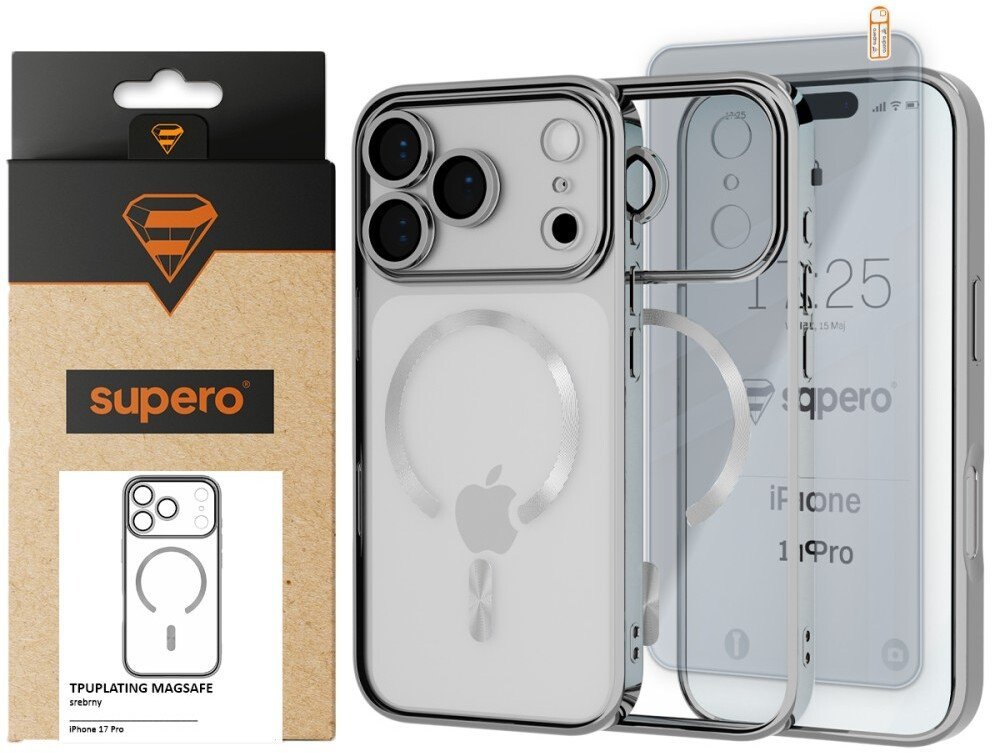 SUPERO Etui Supero Tpuplating MagSafe do iPhone 17 Pro, przezroczysto-srebrne + szkło