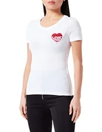 Koszulki i topy damskie - Love Moschino Tight-fit Krótkie splecione z Embroidered Love Storm Knit Effect Heart Patch Koszulka damska, Biały czerwony, 46 - miniaturka - grafika 1