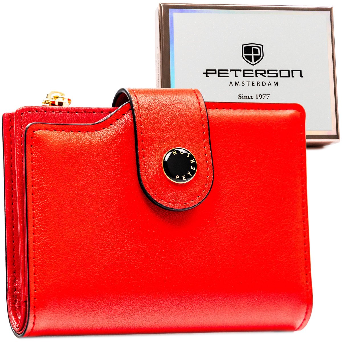 Czerwony portfel damski PETERSON RFID STOP mały slim na karty elegancki zatrzask i suwak skóra ekologiczna