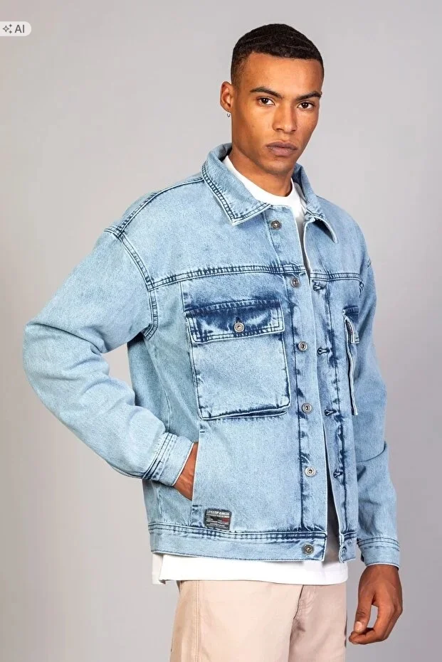 MĘSKA KURTKA JEANSOWA Z PRANIA CIEKAWY EFEKT DENIM S 5IA