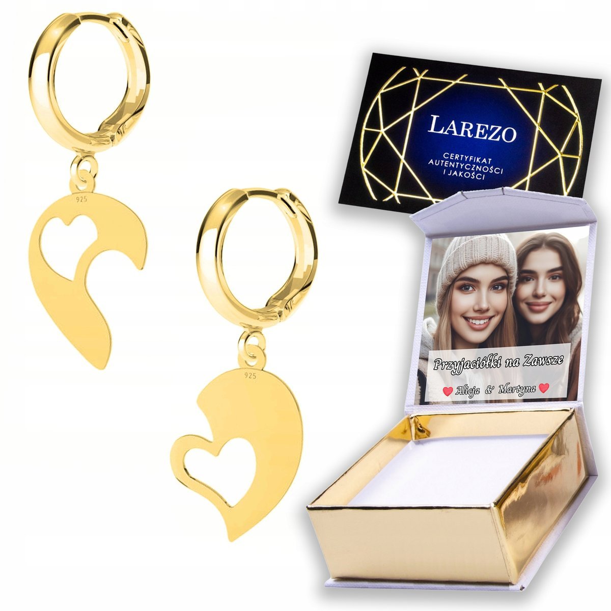 Złote Kolczyki 925 z Serduszkami Łamanymi Połówkami Serc Serca NADRUK