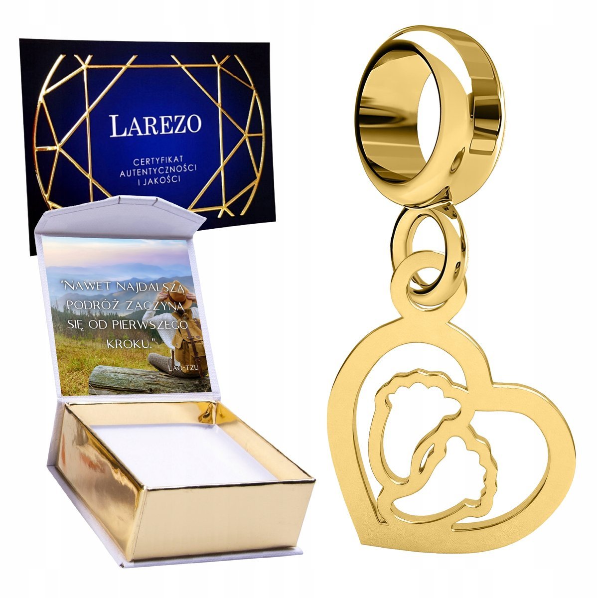 CHARMS ZŁOTY Wiszący Serduszko ze Stópkami Dziecka Serce dla Mamy + NADRUK