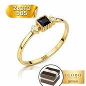 Pierścionki - PIERŚCIONEK ZŁOTY 585 14K CZARNY KAMIEŃ ROMBY CYRKONIE DELIKATNY R10 - miniaturka - grafika 1
