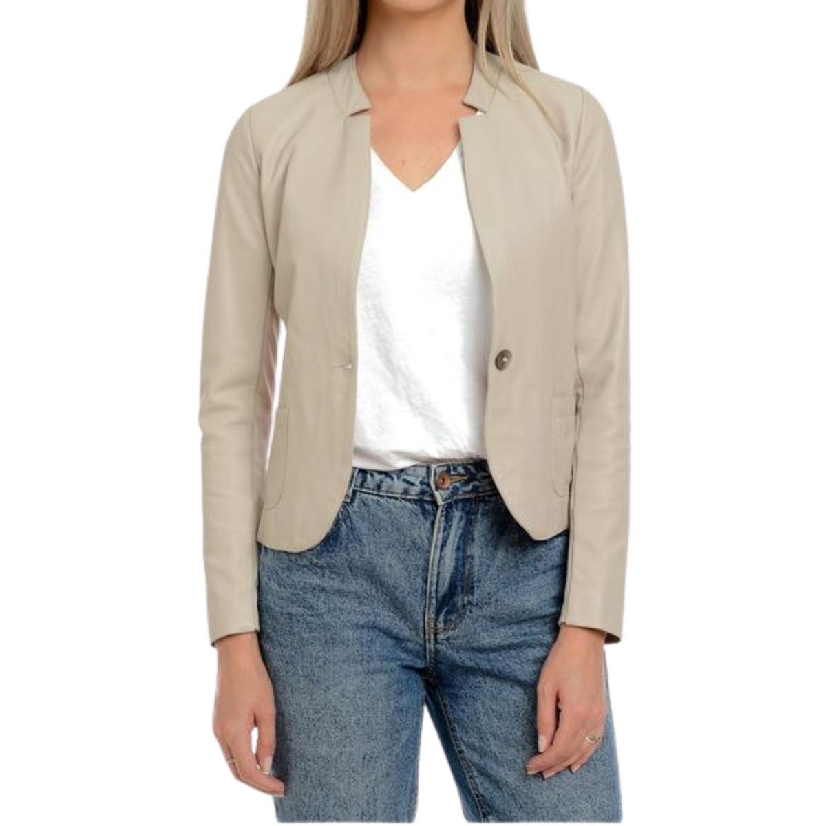 Kurtka damska skórzana Mangotti beżowa żakeitowa-L