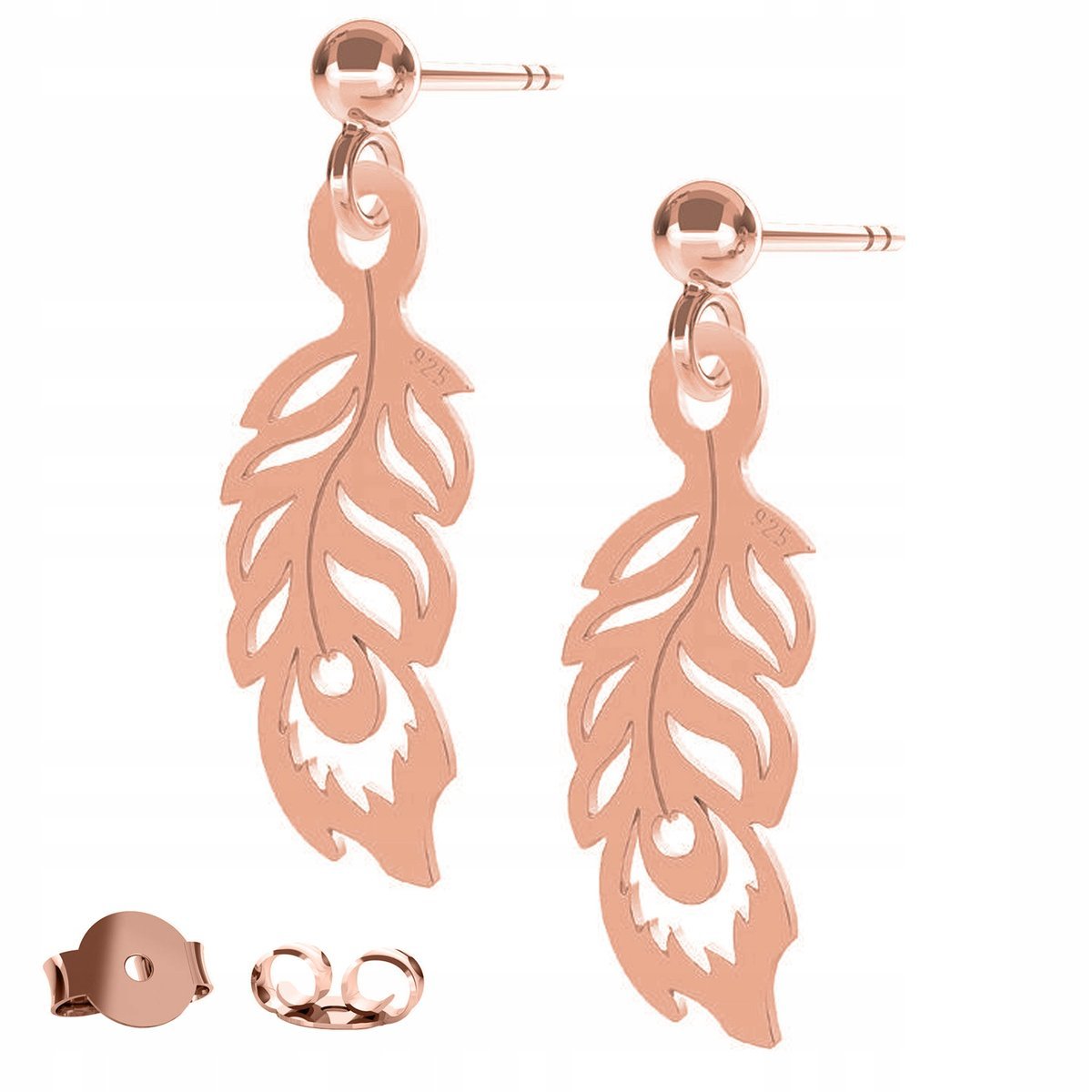 Kolczyki Pawie Pióro Piórko różowe złoto 925