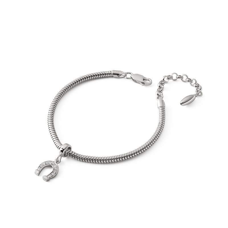 Bransoletka z zawieszką typu beads – podkowa z cyrkoniami, srebro 925 pokryte platyną
