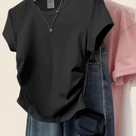 Bluzki damskie - TEMU Koszulka damska z krótkim rękawem - dopasowany fason, okrągły dekolt, jednokolorowa, casualowa bluzka na wiosnę i , oddychająca, biała, pranie w - miniaturka - grafika 1