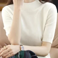 Swetry damskie - TEMU Elegancki dzianinowy top z półrękawami, 45.3" x 21.3", jednokolorowy, z detalem w panewkach, okrągły dekolt, półrękaw, uniwersalny w każdą porę - miniaturka - grafika 1