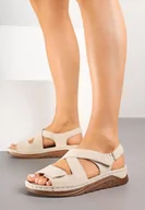 Sandały damskie - Beżowe Sportowe Sandały Vices na Koturnie z Zapięciem na Rzep Elrettia - miniaturka - grafika 1