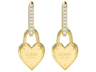 Kolczyki GUESS pozłacane serca z cyrkoniami i napisem angielskie zapięcie PAVE HEART LOCK - Kolczyki - miniaturka - grafika 1