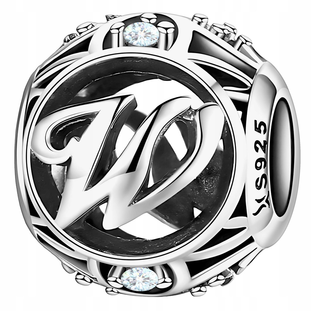 Charms Srebrny Ażurowy Koralik Kwiat z Literą Cyrkonie Litera W SREBRO 925