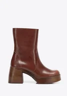 Półbuty męskie - Damskie botki ze skóry naturalnej z wysoka cholewką brązowe - miniaturka - grafika 1