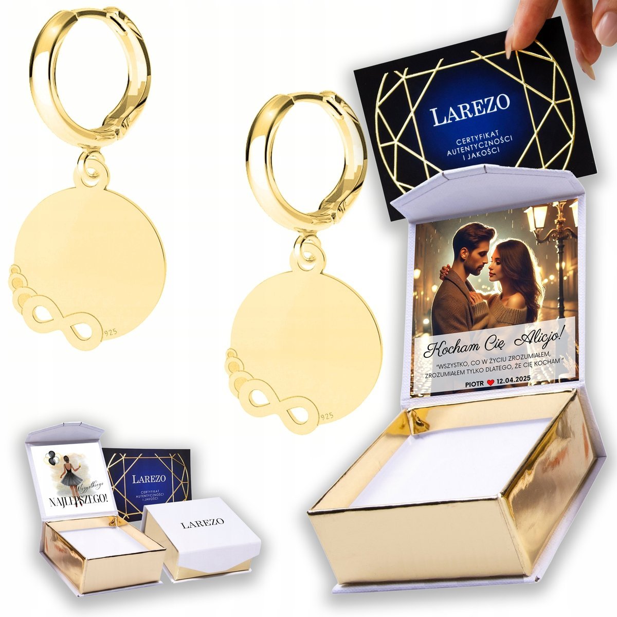 Złote Kolczyki 925 Okrągłe Blaszki z Nieskończonością Ósemki NADRUK