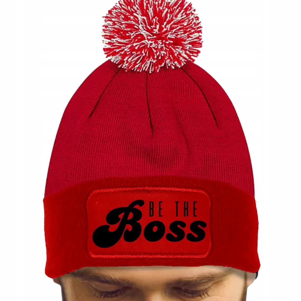 CZAPKA POMPON Bawełna ZIMOWA Czerwona Zabawne Motywacyjne BE THE BOSS Wzory