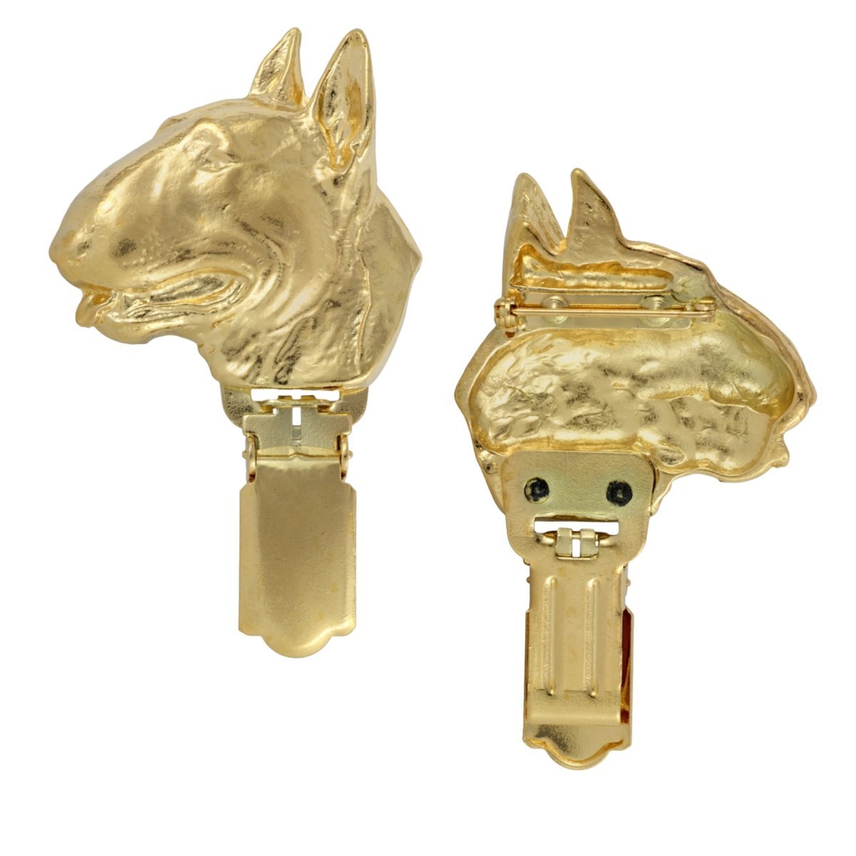 Bulterier, Bull Terrier - broszka z klipsem, pozłacany uchwyt na numer startowy, elegancka przypinka na wystawę psów marki Art-Dog