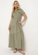 Sukienki - Ciemnobeżowa Taliowana Sukienka z Bawełny w Koszulowym Stylu z Imitacją Kieszeni Masefia - miniaturka - grafika 1