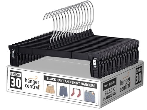 Hanger Central Oszczędność miejsca, 30 sztuk, wytrzymałe, wąskie plastikowe wieszaki na spodnie, prążkowane antypoślizgowe z klipsami zaciskowymi, obracany o 360 chromowany hak obrotowy, w kolorze