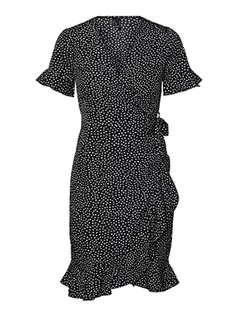 Sukienki - VERO MODA Women's VMHENNA 2/4 WRAP Frill Dress WVN NOOS sukienka, czarna/AOP: białe kropki, XS, czarny/kolor: biały Tiny Dots, XS - grafika 1