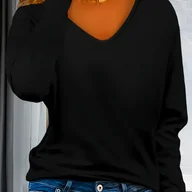 Bluzki damskie - TEMU Damska koszulka z dekoltem w kształcie litery V i długim rękawem - swobodny, jednokolorowy sweter, nadający się do prania w pralce, kolekcja - miniaturka - grafika 1