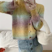 Swetry damskie - TEMU Tęczowy kolorowy kardigan z dekoltem w serek, swobodny kardigan z długim rękawem i guzikami w kształcie na wiosnę i jesień, odzież damska - miniaturka - grafika 1