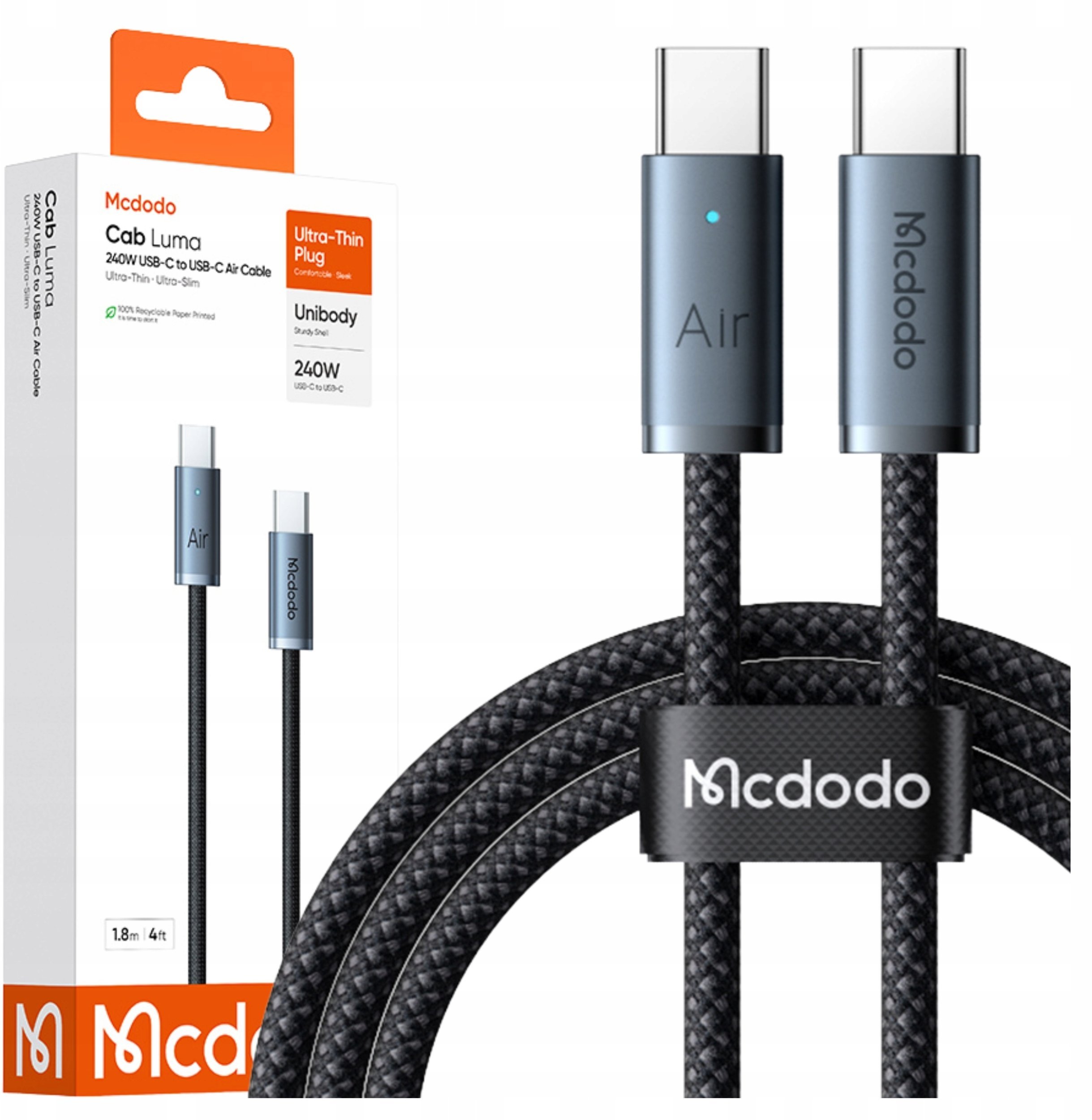 Mcdodo MCDODO KABEL USB-C USB-C SZYBKIE ŁADOWANIE USB TYP C 240W 2M LED CZARNY