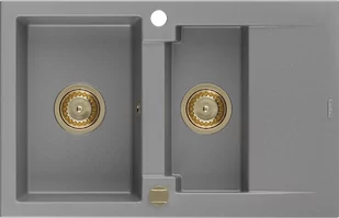 Mexen Gaspar zlewozmywak granitowy 1,5-komorowy z ociekaczem 737 x 475 mm, szary, syfon złoty - 6507731505-71-G - Zlewozmywaki - miniaturka - grafika 1