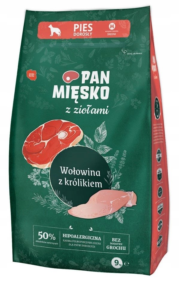 Pan Mięsko z Ziołami wołowina z królikiem M sucha karma dla psa waga 9 kg