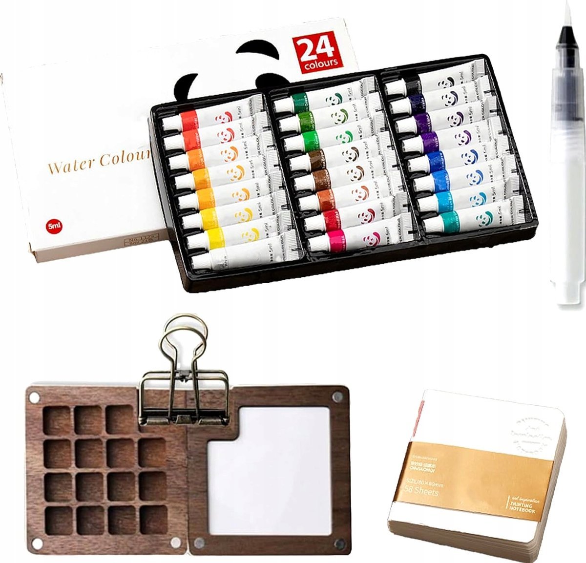 PALETA AKWARELOWA DREWNIANA ZESTAW PĘDZEL PAPIER 15 MIEJSC PODRÓŻNA
