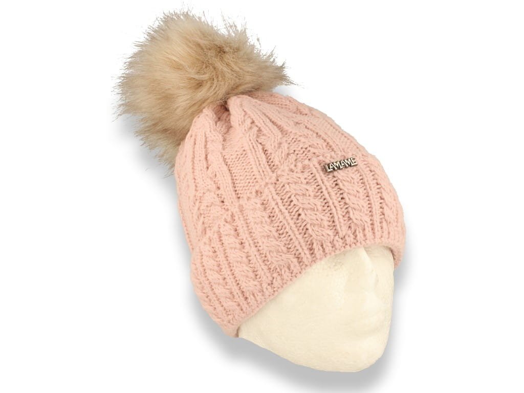 Czapka damska zimowa z pomponem polska produkcja różowa ocieplana polarem