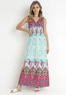 Sukienki - Miętowo-Różowa Sukienka z Szeroką Gumką w Talii w Etno Wzór Caroli - miniaturka - grafika 1