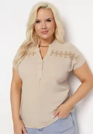 Bluzki damskie - Beżowa Bawełniana Bluzka z Guzikami i Ozdobną Siateczką Doriale - miniaturka - grafika 1