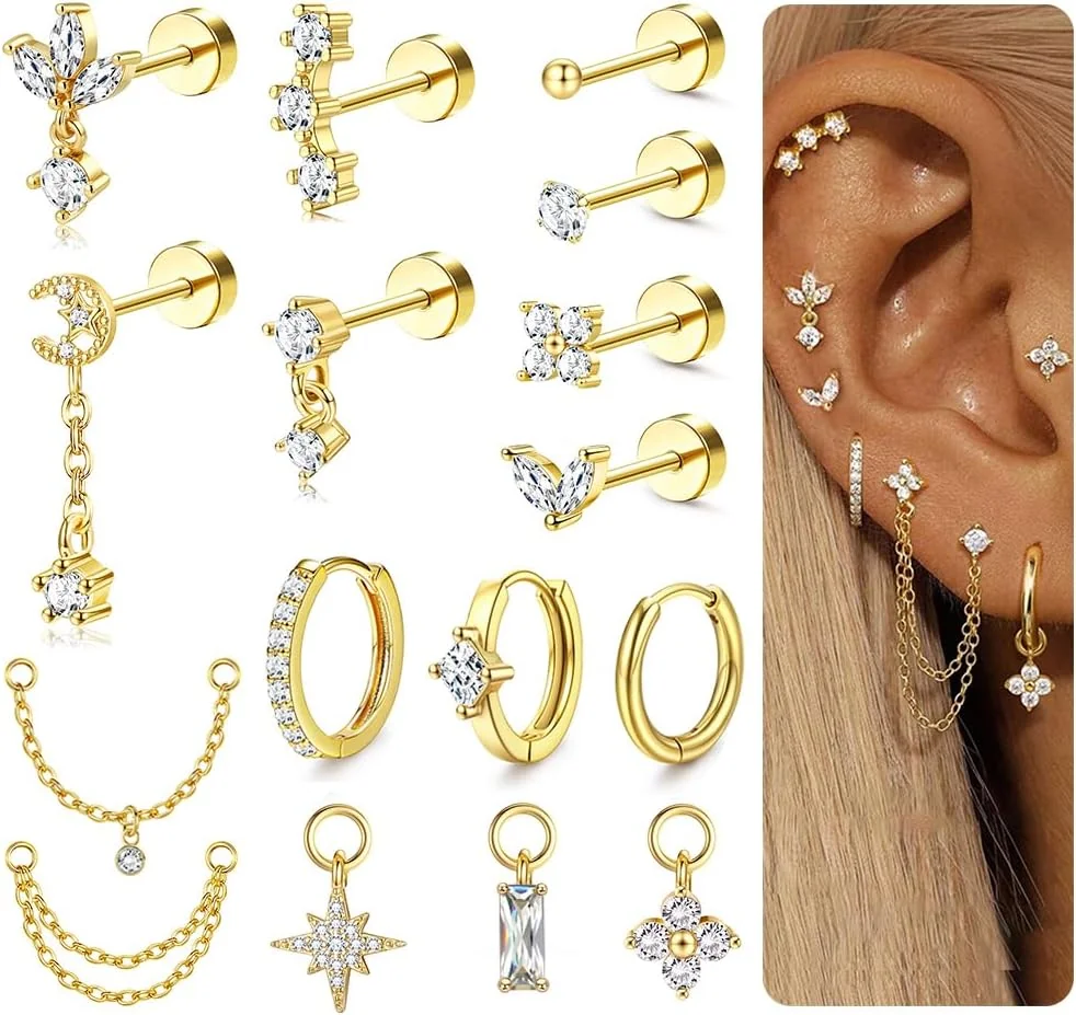 Zestaw złotych kolczyków helix piercing flatback ze stali chirurgicznej