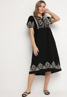 Sukienki - Czarna Bawełniana Sukienka Boho o Rozkloszowanym Kroju Zdobiona Haftem Lannivra - miniaturka - grafika 1