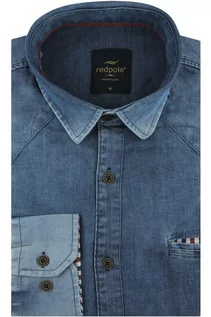 Koszule męskie - Koszula Męska Jeansowa Dżinsowa gładka niebieska z długim rękawem w kroju SLIM FIT Redpolo B009 (M, 39, 176/182) - grafika 1