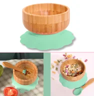 Sztućce dla dzieci - Baby Bamboo Bowl Set Bambusowa miska z przyssawką i łyżeczką w kolorze zielonym - do jedzenia i karmienia niemowląt i małych dzieci - miniaturka - grafika 1