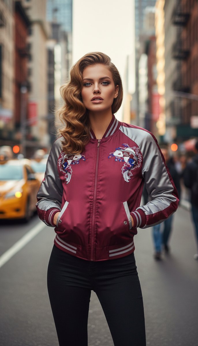 Kurtka Damska Bomberka Bejsbolówka Haft Koi Czerwony #H-796 L