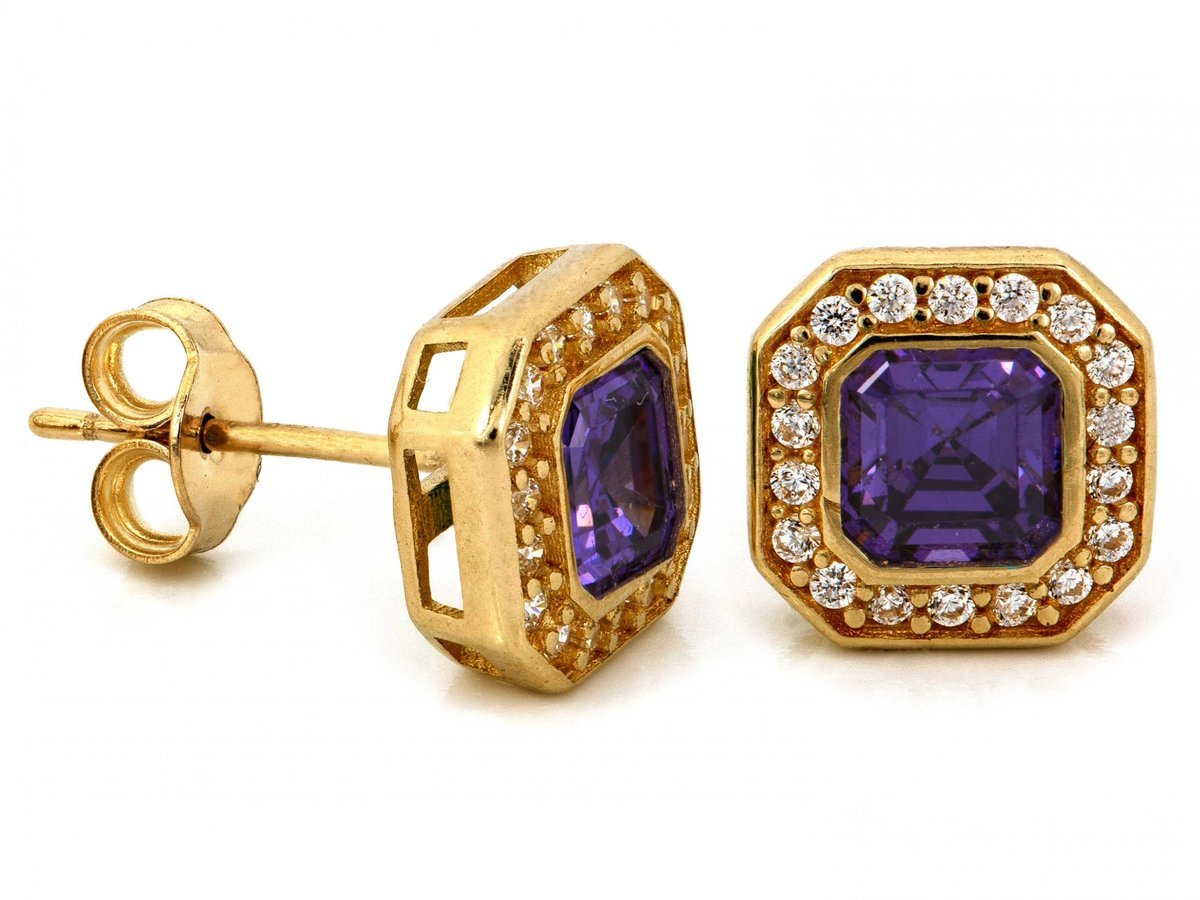 Złote kolczyki 585 na sztyfcie kwadratowe fioletowe 1.51g