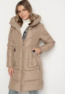 Kurtki damskie - Beżowa Długa Kurtka Pikowana z Kapturem i Ozdobną Taśmą przy Suwaku Galorrea - miniaturka - grafika 1