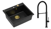 Zlewozmywaki z baterią - Quadron Unique Zlewozmywak granitowy jednokomorowy 57*50*22 cm MORGAN 110 PURE CARBON z syfonem Push-2-Open w kolorze złotym z baterią MARGOT T LINE PURE CARBON z ruchomą wylewką kolor czarny mat/czarny wąż - miniaturka - grafika 1