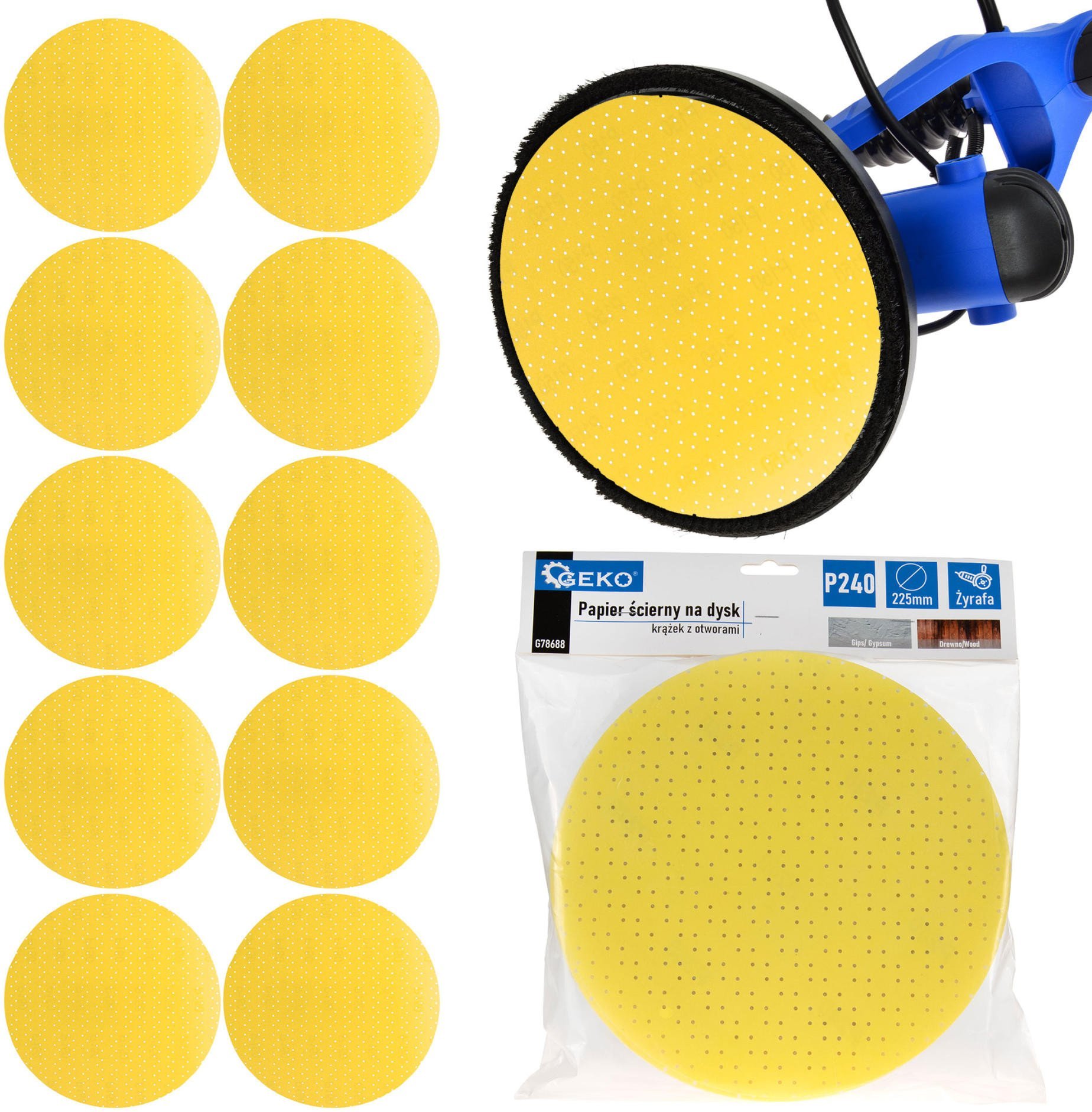 Geko Papier ścierny na dysk – krążek z otworami 225mm P240 /żyrafa/ 10/100/500