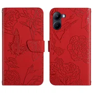 Etui i futerały do telefonów - Dla Realme 10 4G HT03 Skin Feel Butterfly Wytłaczane skórzane etui na telefon z klapką Czerwony - miniaturka - grafika 1